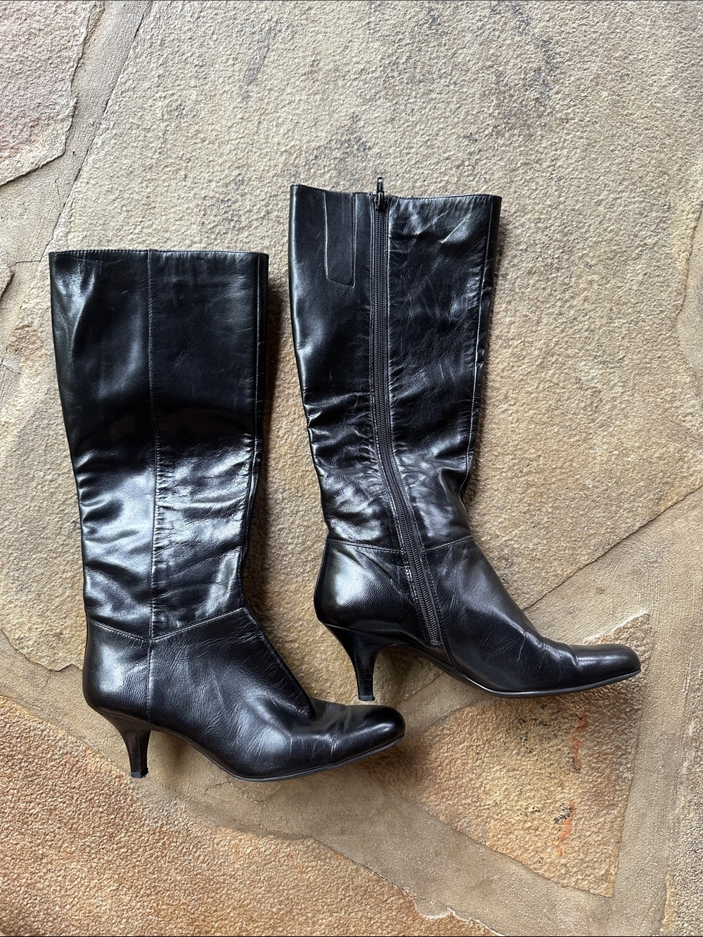 Black Leather Bandolino Boots with Kitten Heel